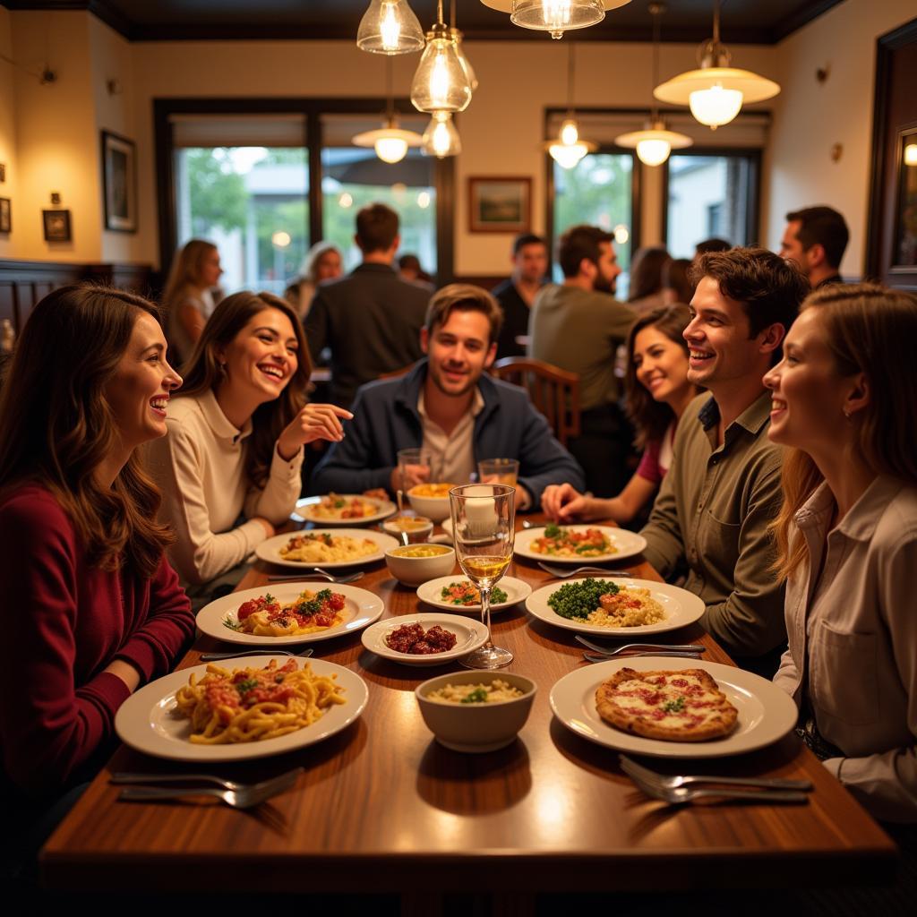 A group of friends and family enjoying a Mediterranean meal together at a restaurant.