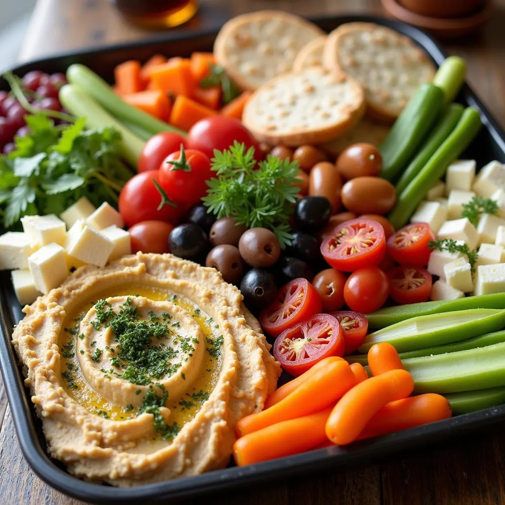 A beautifully arranged Mediterranean mezze platter on a cold tray.