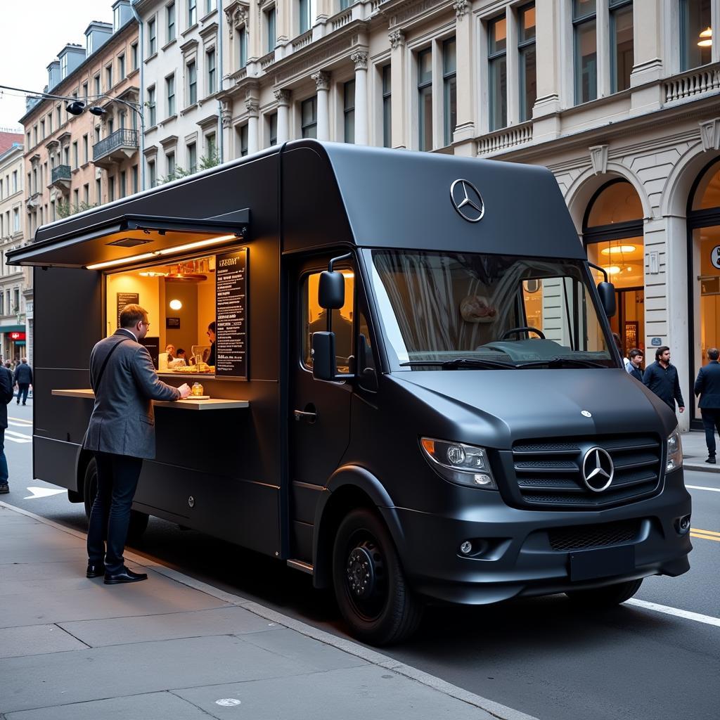 Sleek black Mercedes Benz food truck parked on a city street.