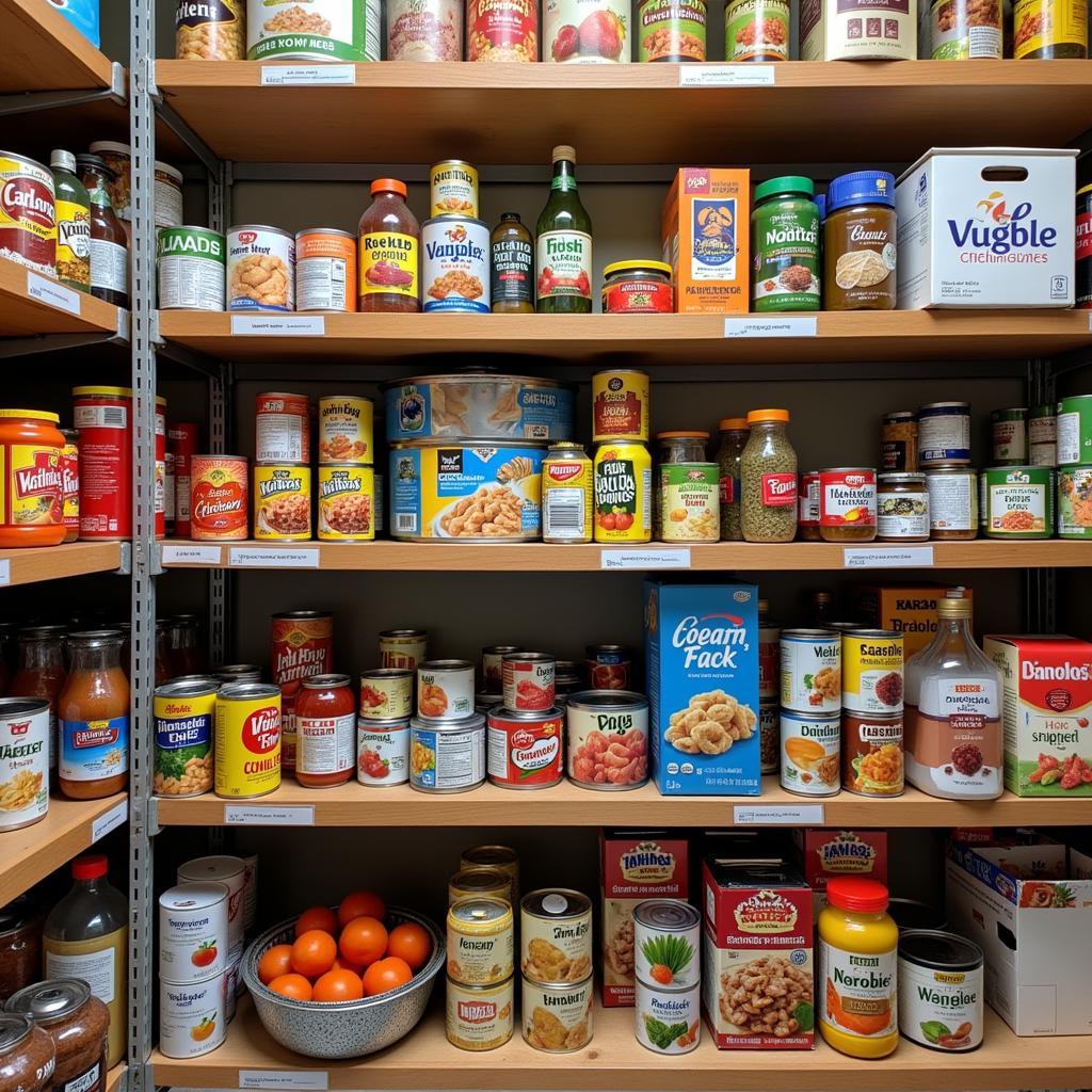 Shelves brimming with a variety of donated food items at the Mesa Outreach Food Pantry