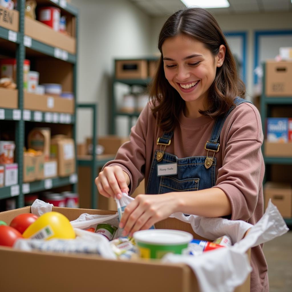 A volunteer at the food pantry smiles while organizing donated food items