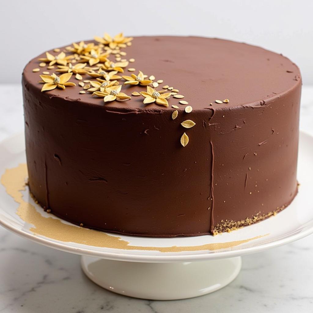 A chocolate cake adorned with gold food color spray.