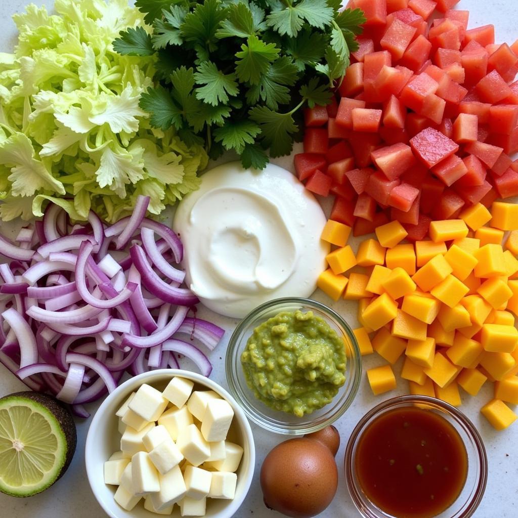 Close-up of a taco bar with various toppings for guests to customize their tacos.