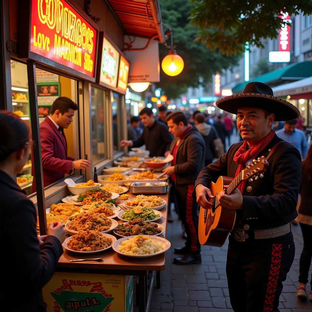 Vibrant street scene in Mexico City featuring live music and street food vendors