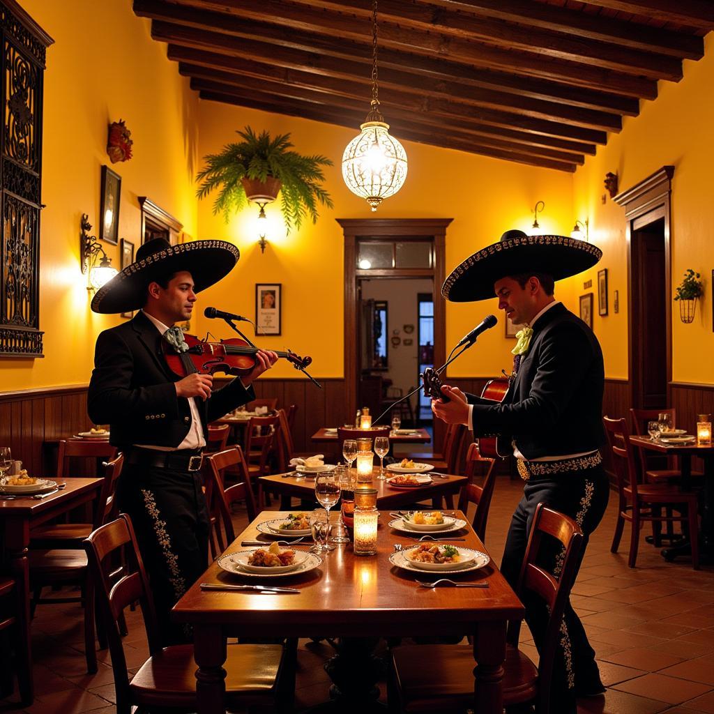 A traditional Mexican restaurant in San Miguel de Allende with live mariachi music playing