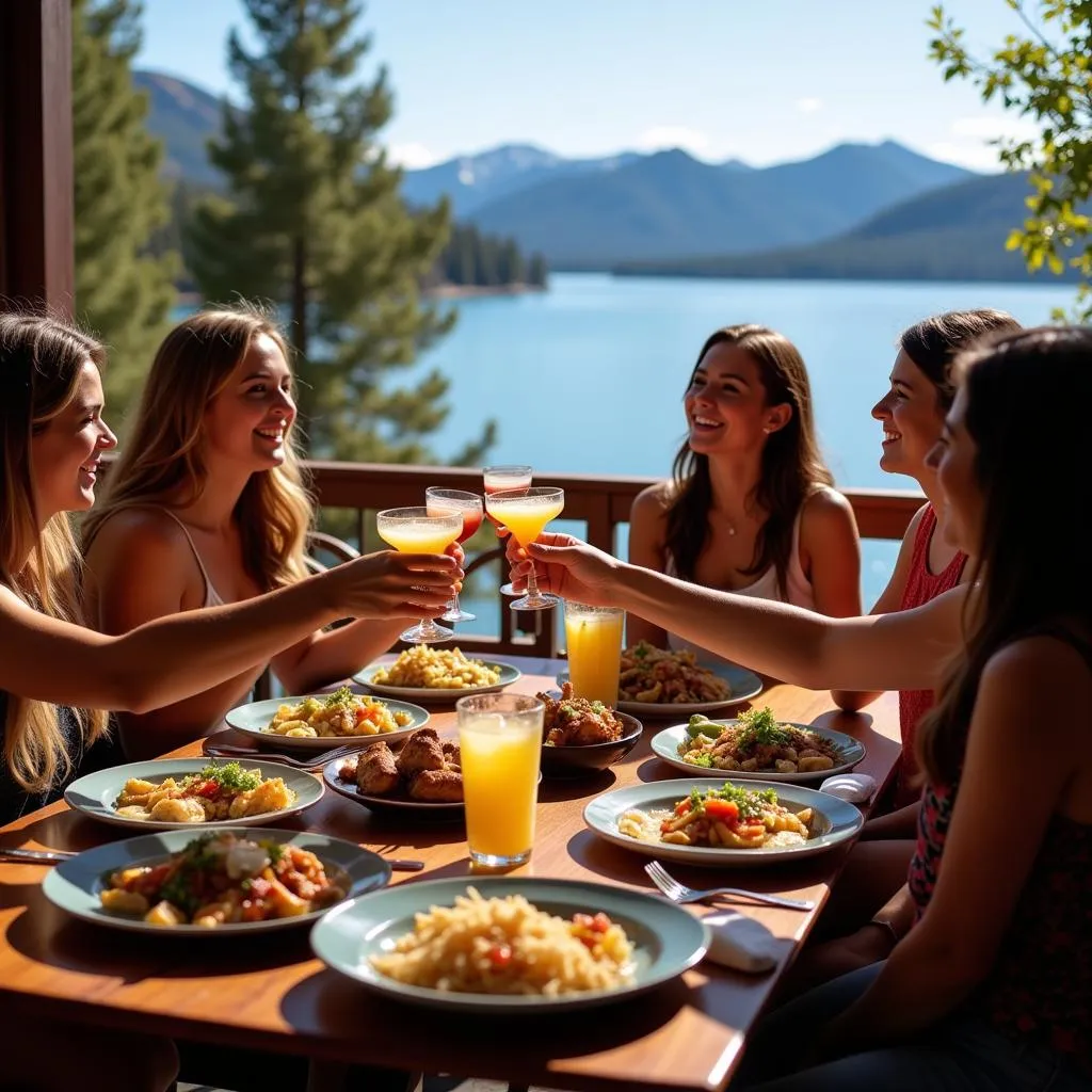 Friends enjoying Mexican food and margaritas in Tahoe City with Lake Tahoe in the background