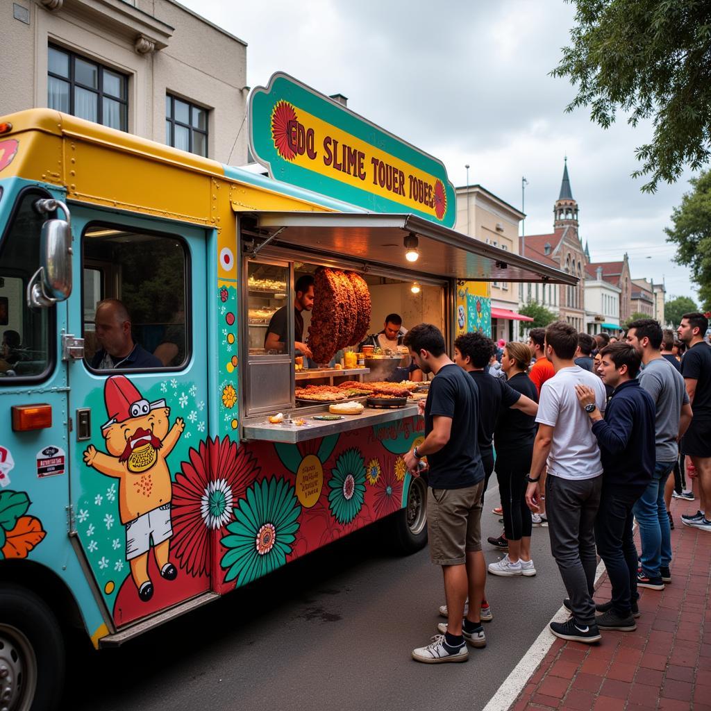 A bustling Mexican food truck serving customers in a lively outdoor setting.