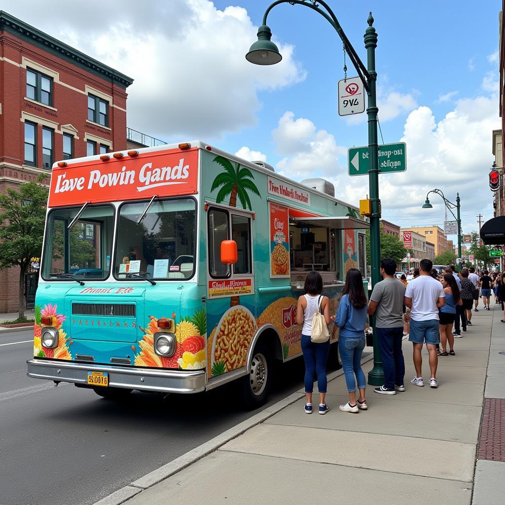 A colorful island noodles food truck parked on a Michigan street, bustling with customers.