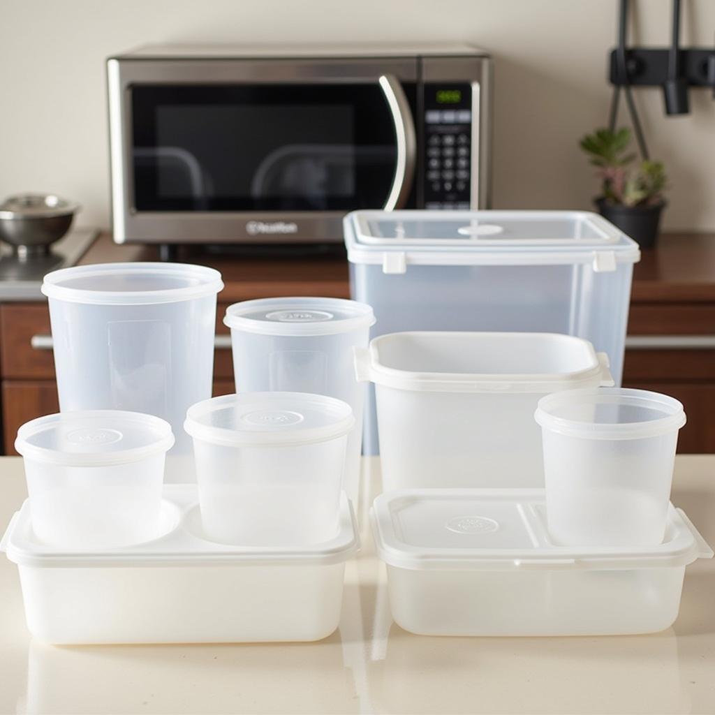 Various microwavable plastic food containers on a kitchen counter