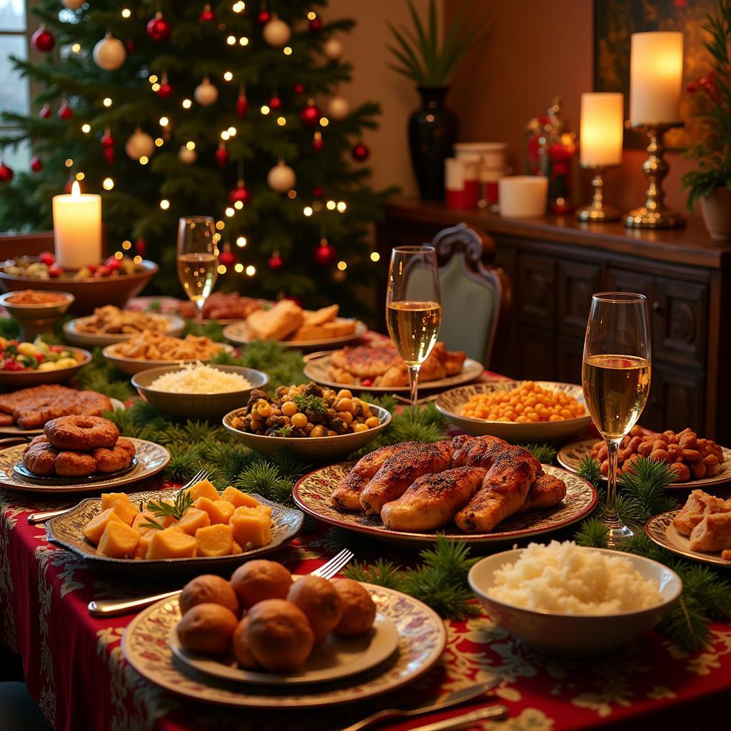 A table laden with traditional Middle Eastern Christmas dishes