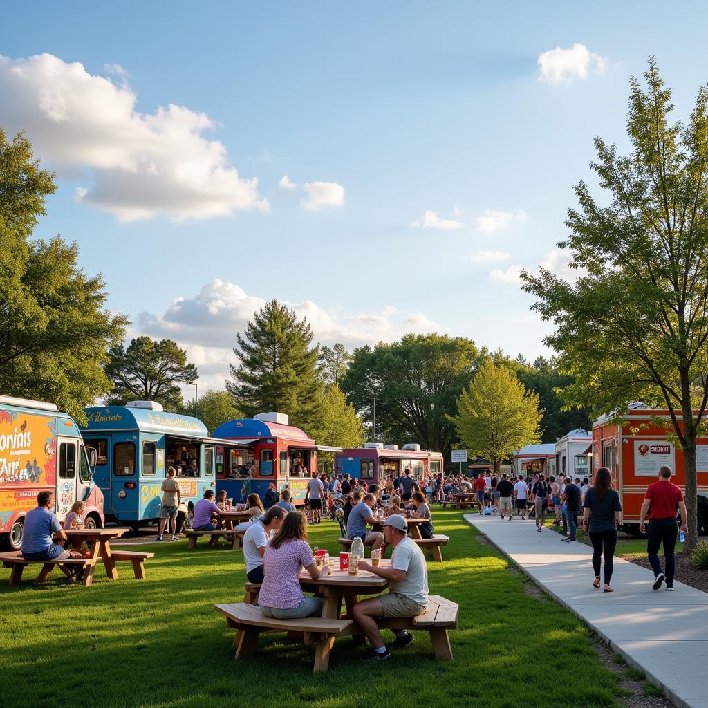 Vibrant food truck park with colorful trucks and outdoor seating