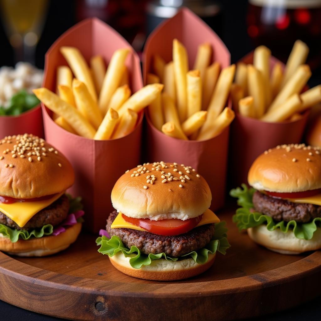 Mini burgers and fries served in individual cones for a casino night party