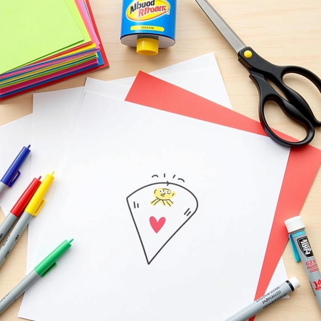 An assortment of craft supplies for making mini printable food, including colorful cardstock, scissors, glue, and markers.