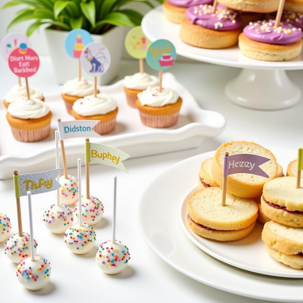 Miniature printable food decorations for a party, including cupcake toppers, food flags, and decorated cake pops.