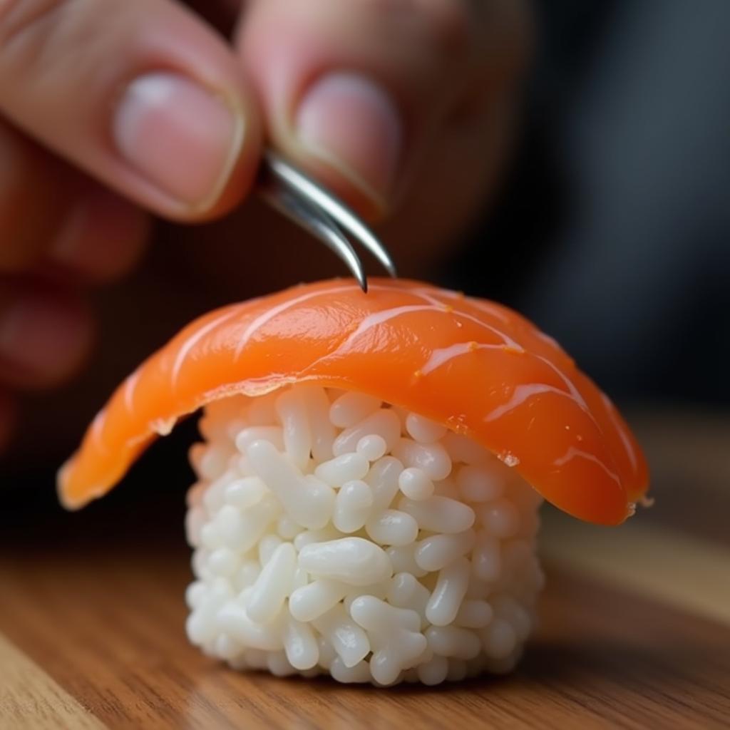 Miniature food artist meticulously crafting tiny sushi