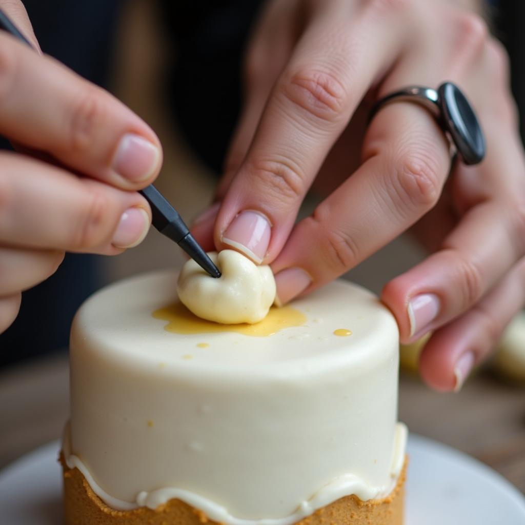  A miniature food artist meticulously crafting a tiny cake