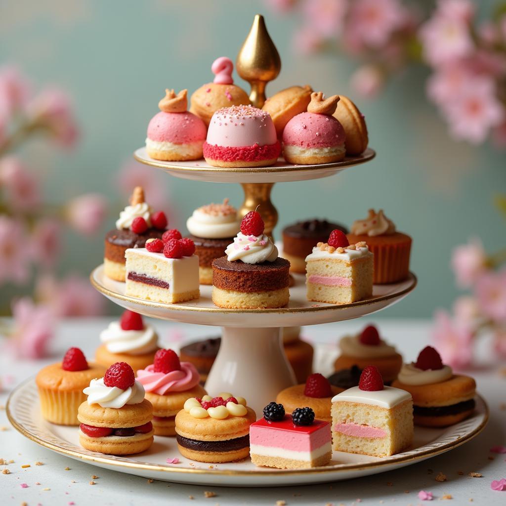 Exquisite display of miniature cakes and pastries