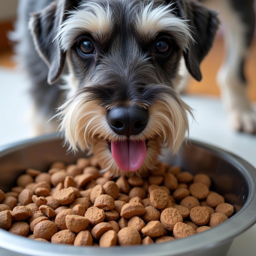 Miniature Schnauzer Enjoying a Bowl of Dry Dog Food