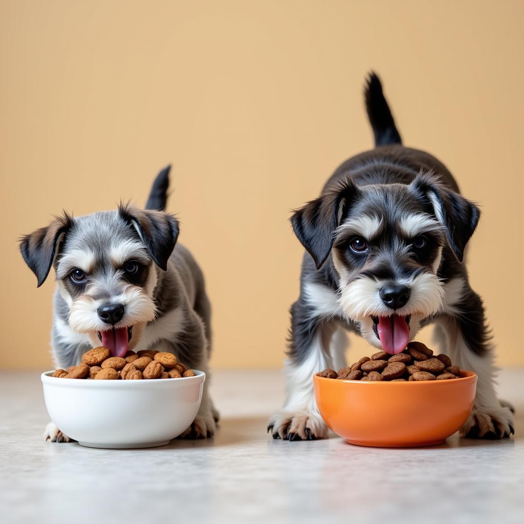 Miniature Schnauzers of Different Life Stages Enjoying Their Meals