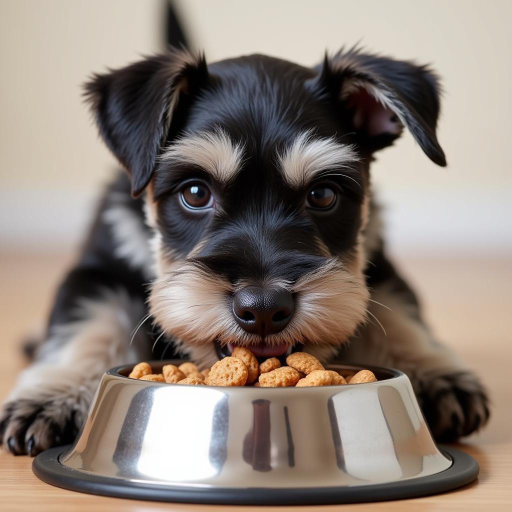 A Miniature Schnauzer puppy enjoys its meal from a dog bowl