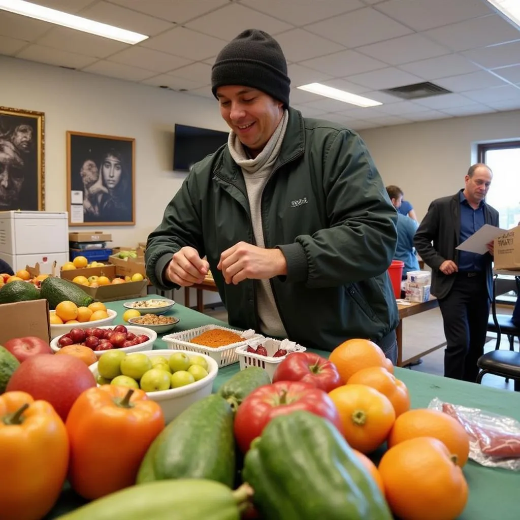 A client at the Minocqua Food Pantry selects fresh produce from the available options.