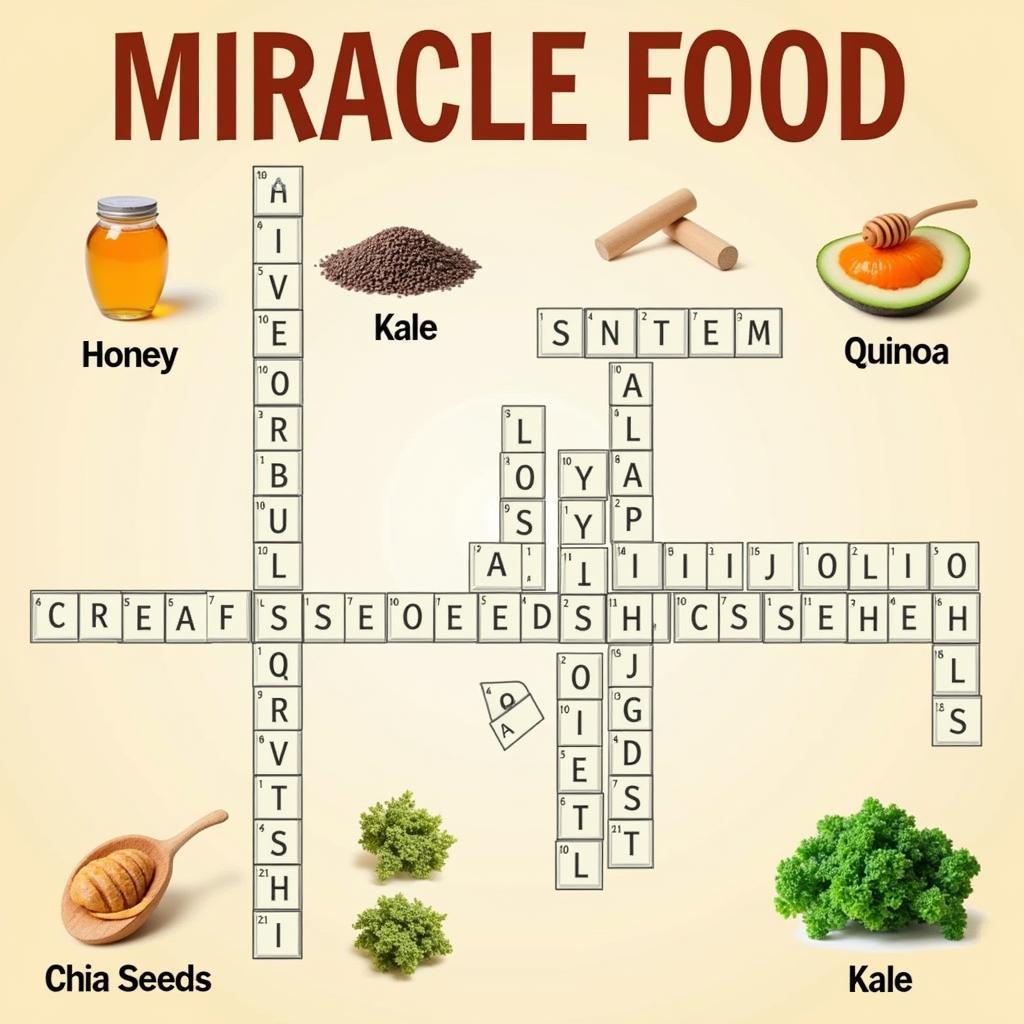 Miracle Food Crossword Puzzle featuring Honey, Quinoa, Chia, and Kale