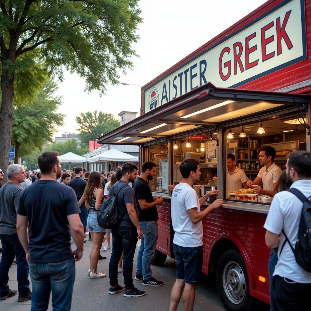 A diverse group of happy customers enjoying their meals from a mister greek food truck, highlighting the social and community-driven aspect of food truck culture.