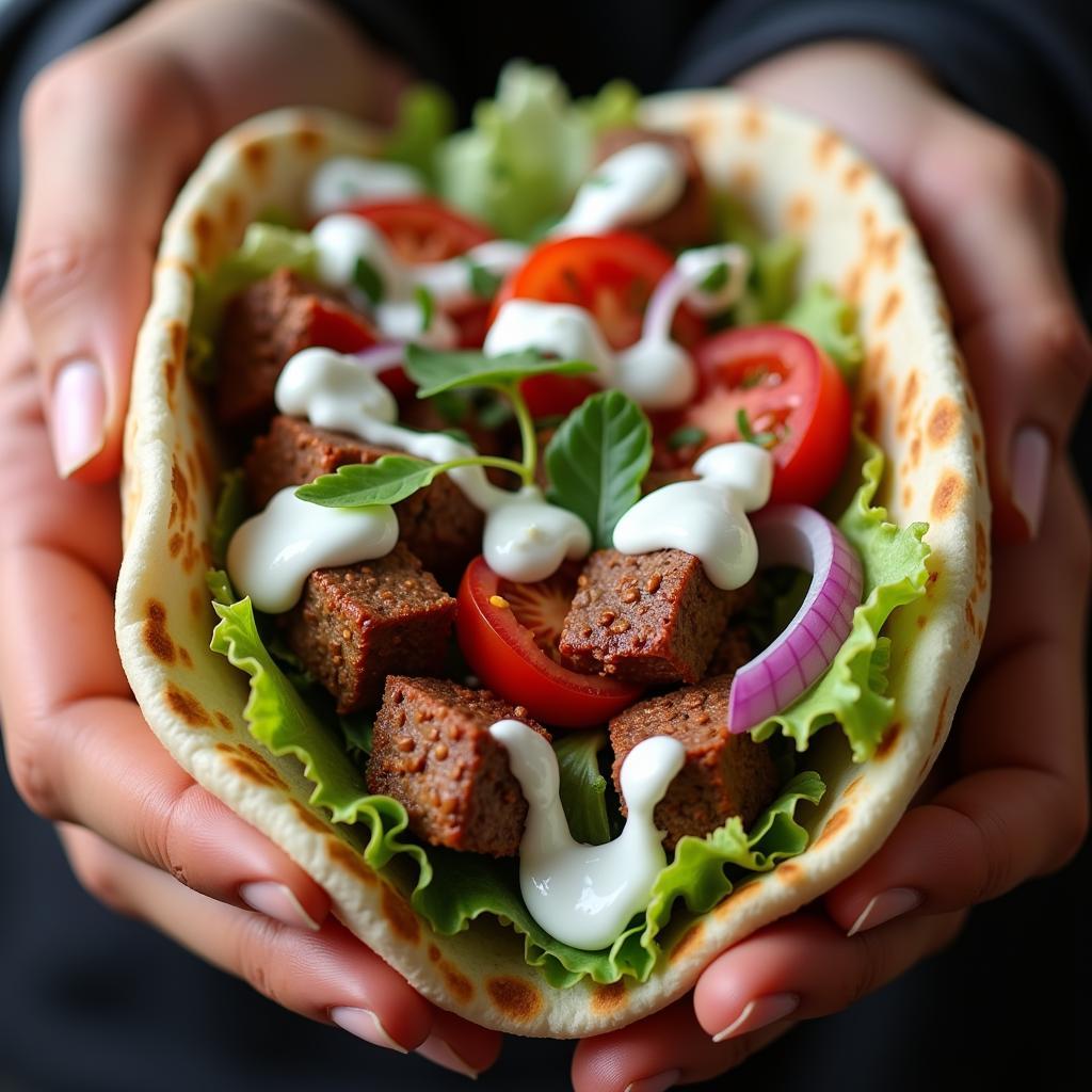 Close-up of a perfectly grilled gyro, filled with flavorful meat, fresh vegetables, and creamy tzatziki sauce, ready to be enjoyed.