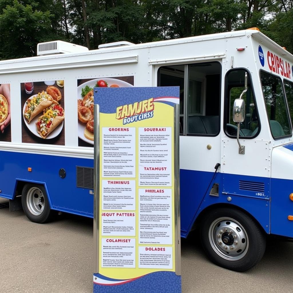 A vibrant menu board at a mister greek food truck, showcasing the variety of dishes available.