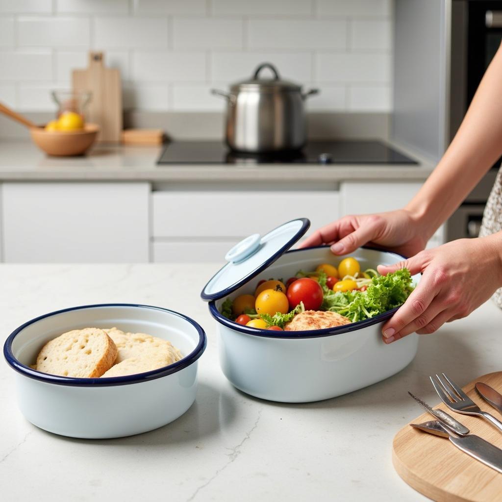 Modern enamel food containers being used to store leftovers and pack a lunch