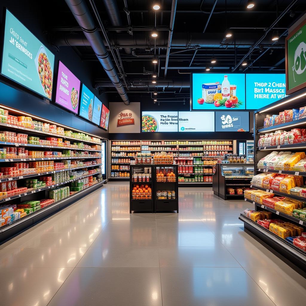 Modern Food Mart Interior with Digital Signage