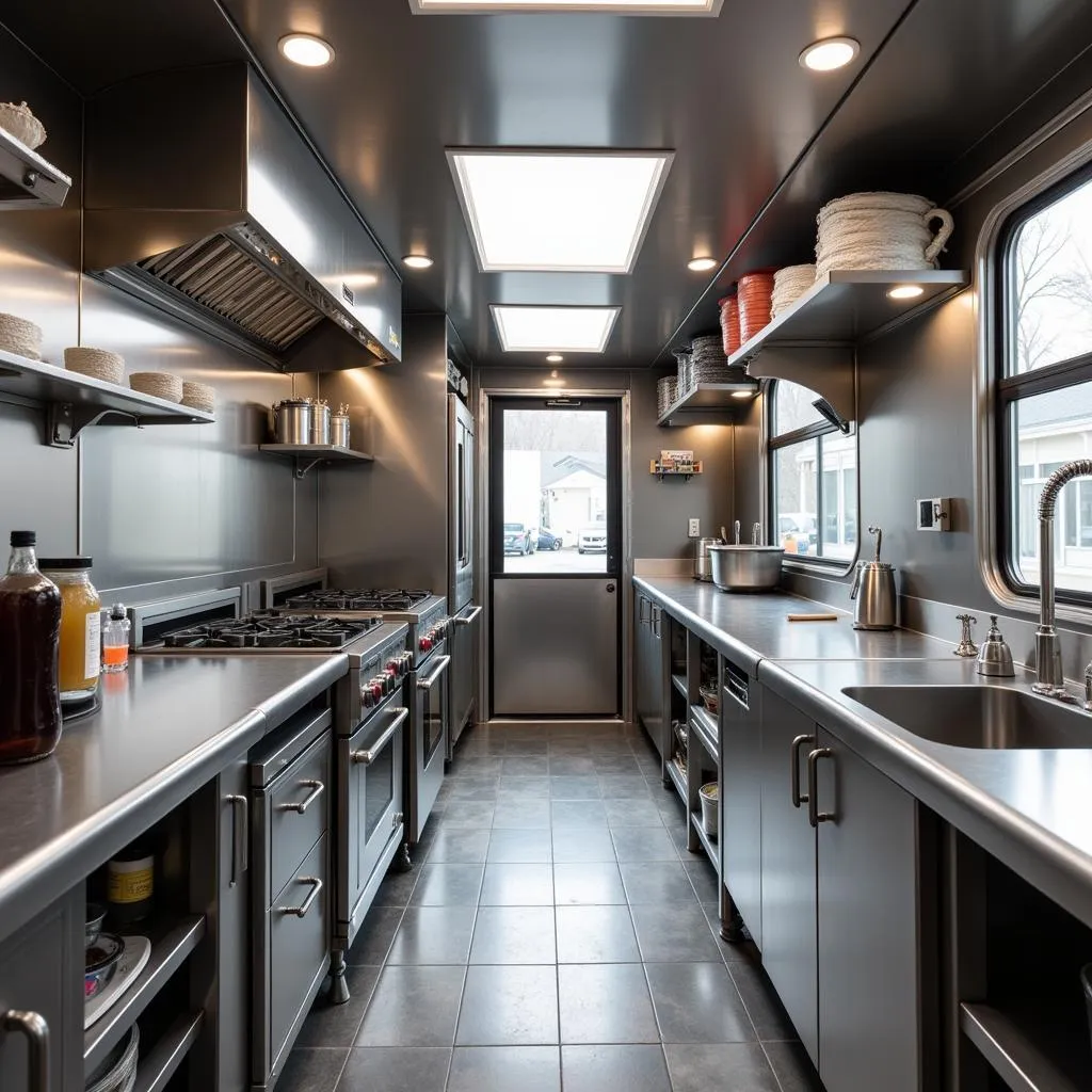 Well-equipped stainless steel kitchen inside food truck