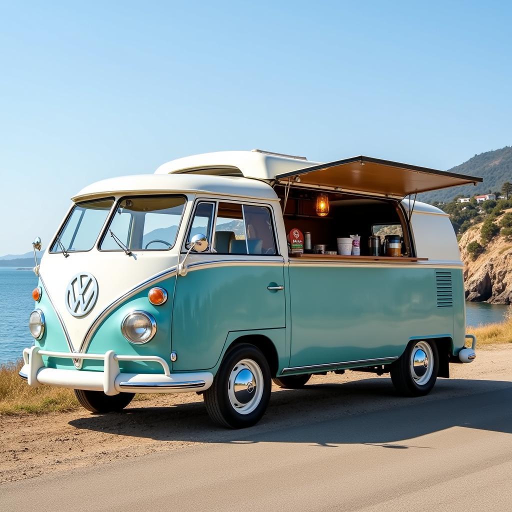 Modern VW bus food truck with sleek design and ample window space parked by the beach.