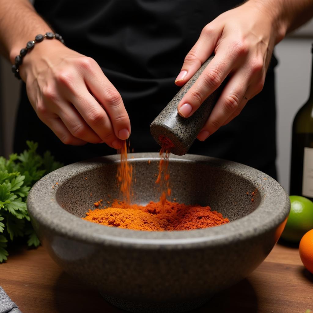 Traditional Molcajete in Use