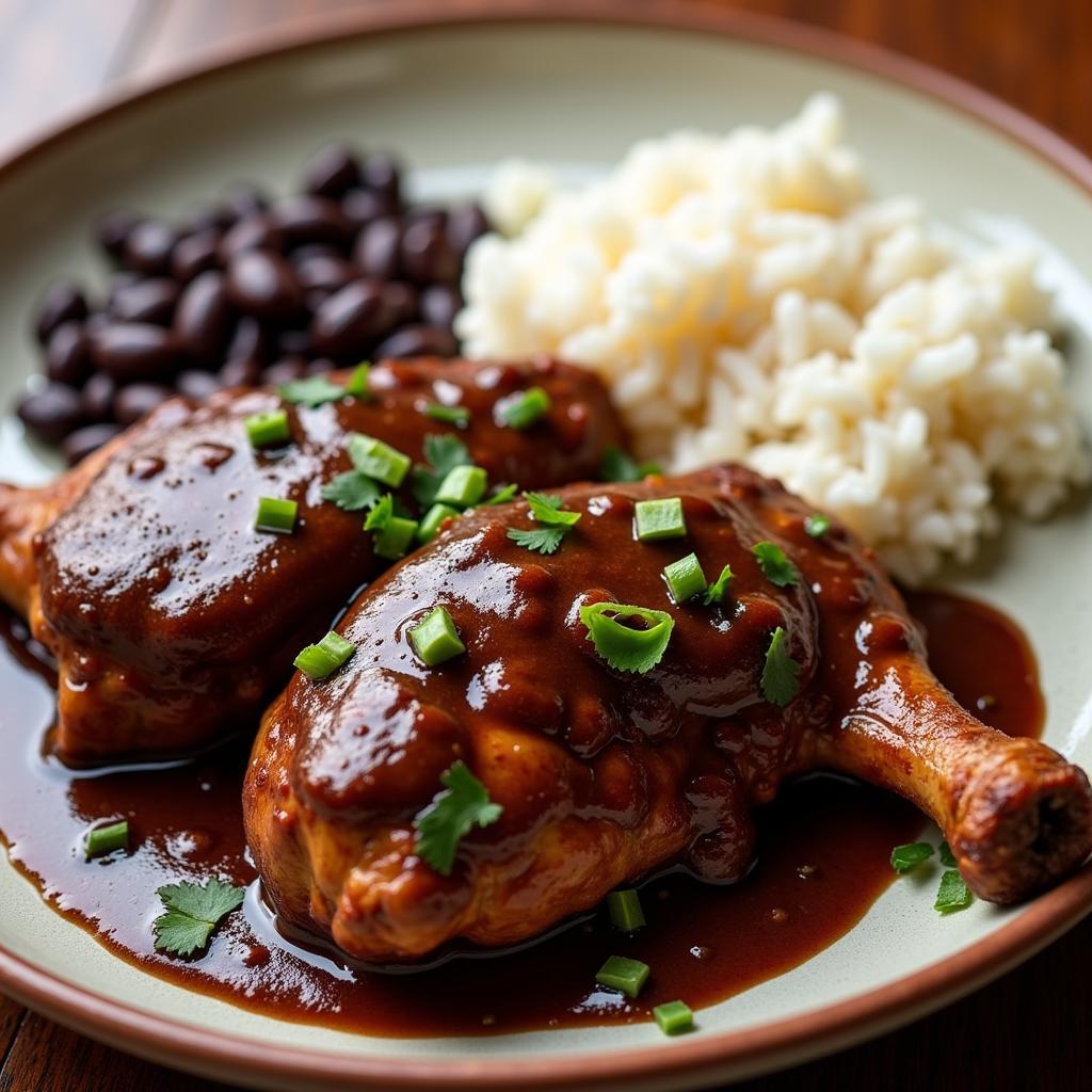 Mole Poblano Served with Rice and Beans