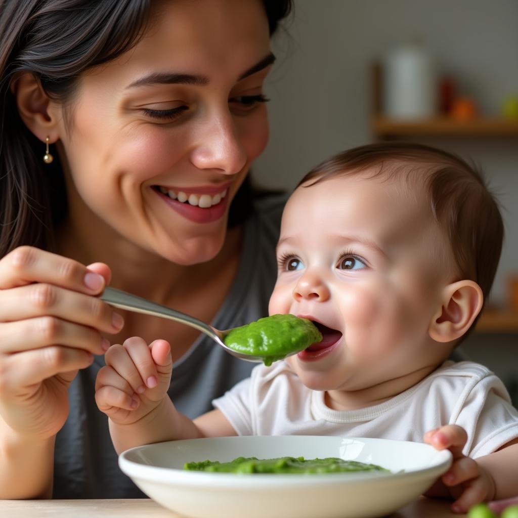 Mother lovingly feeding her baby veggie puree