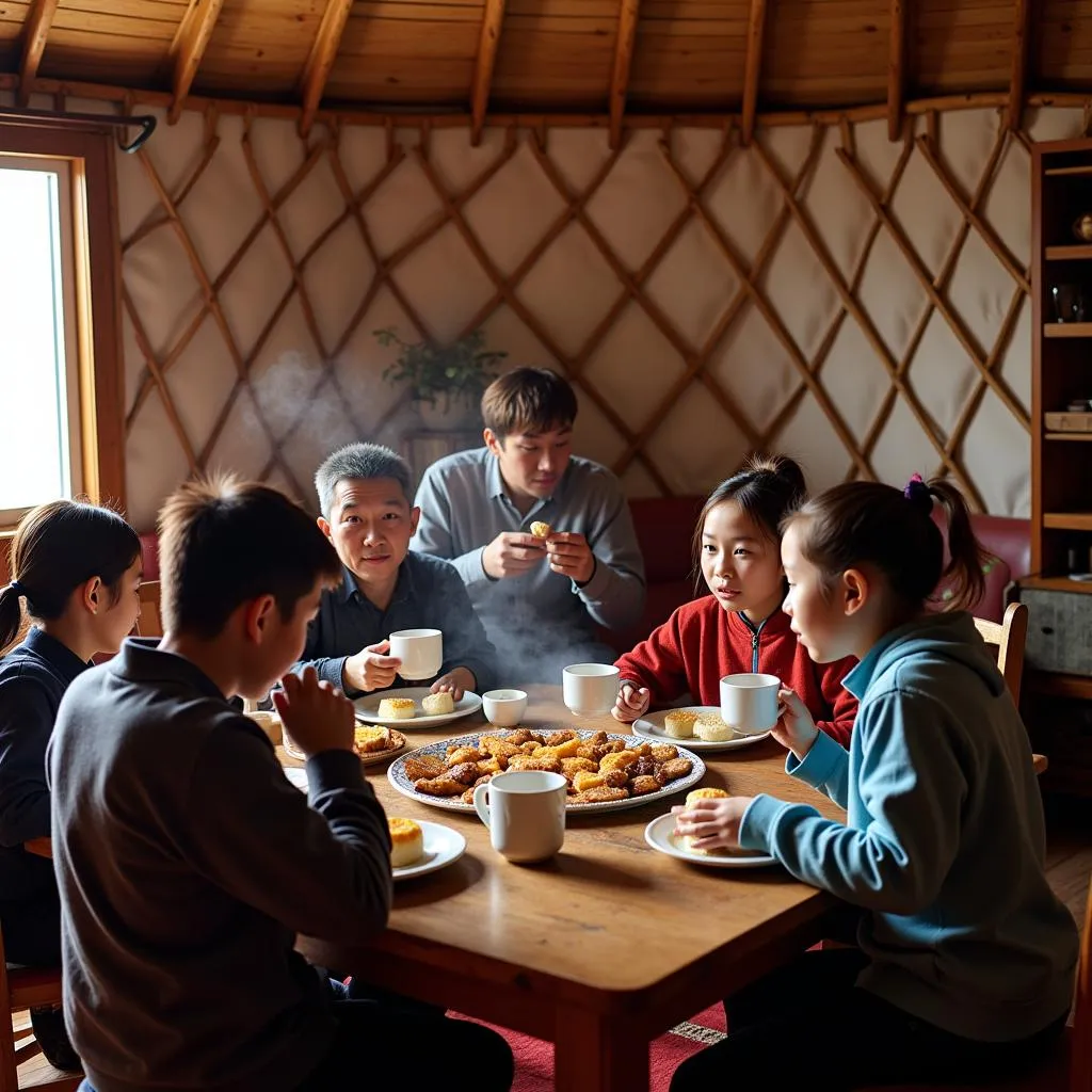 A Mongolian family enjoys breakfast together in a traditional ger