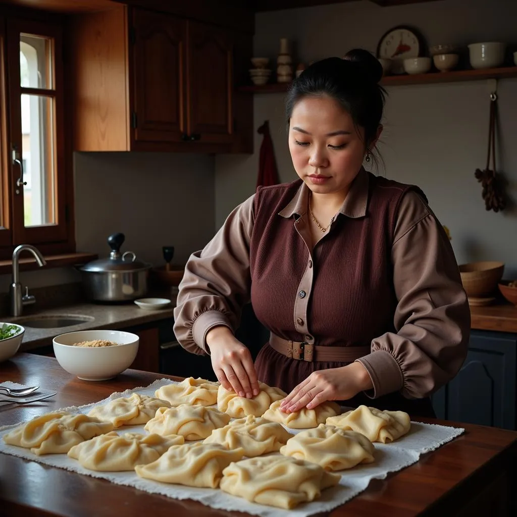 A Mongolian woman skillfully prepares buuz for breakfast