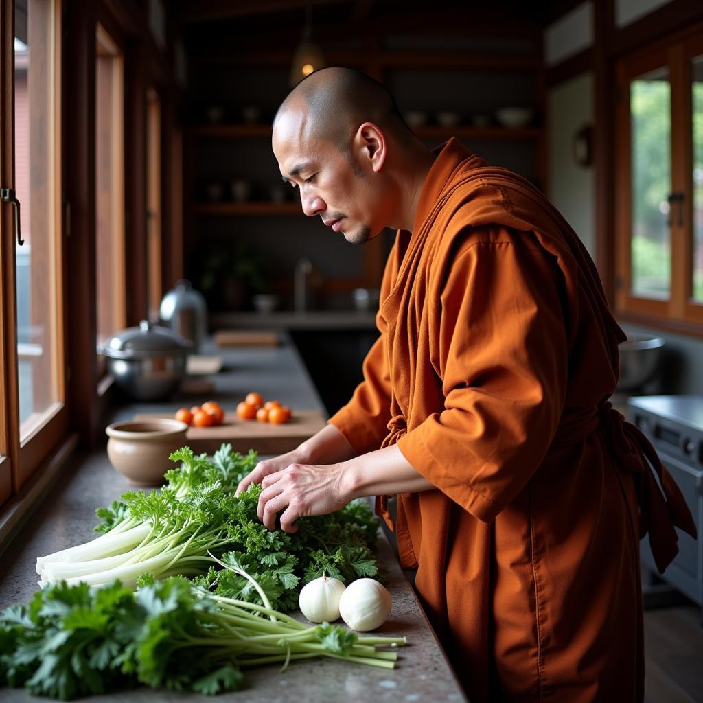 Monk preparing fresh vegetables in a temple kitchen