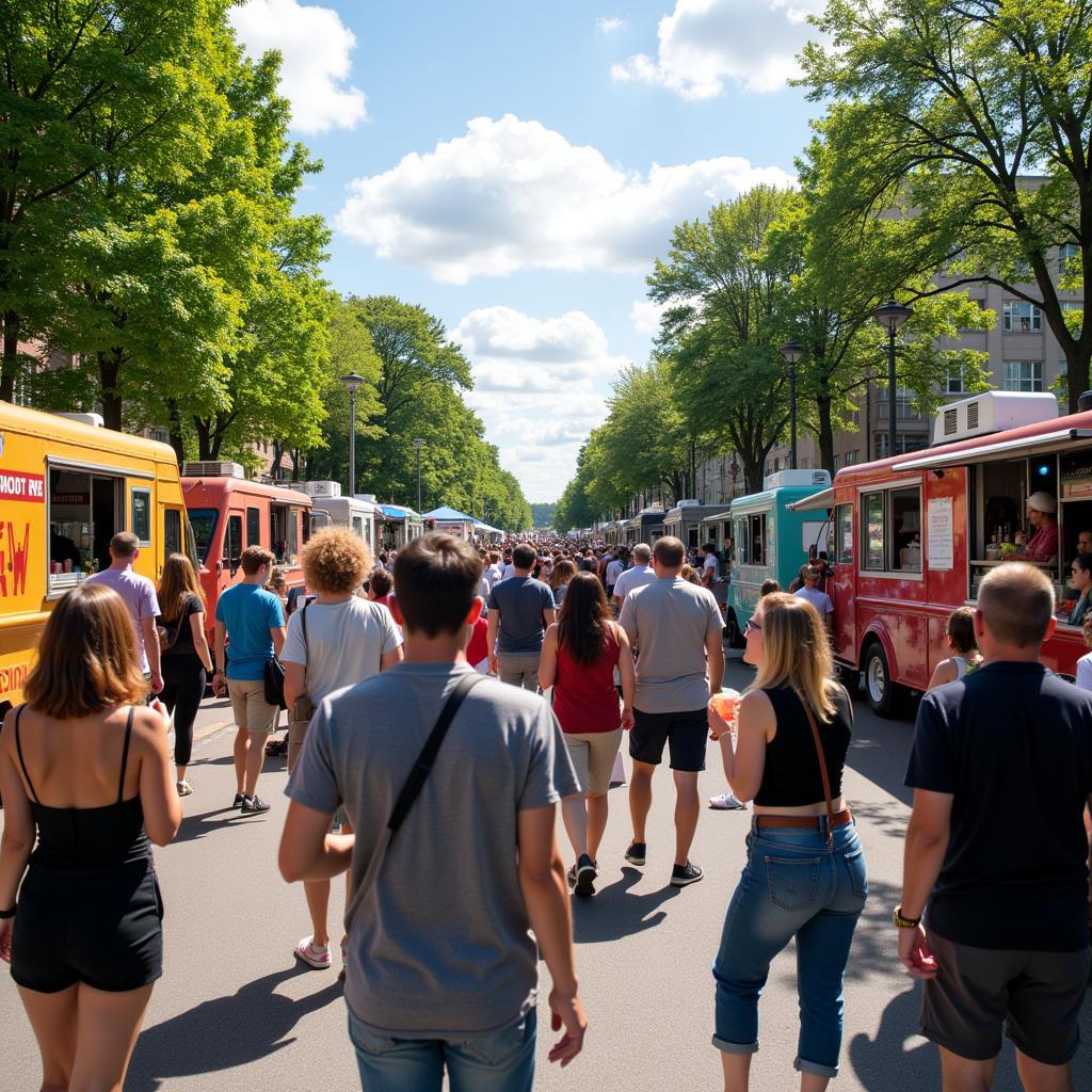 Crowds enjoying food and drinks at a sunny outdoor food truck festival in Montreal