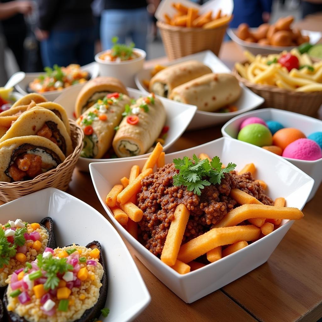 A colorful array of dishes from different food trucks at a Montreal food truck festival