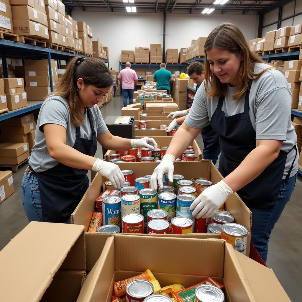 Volunteers sorting food donations at a Mooresville food bank