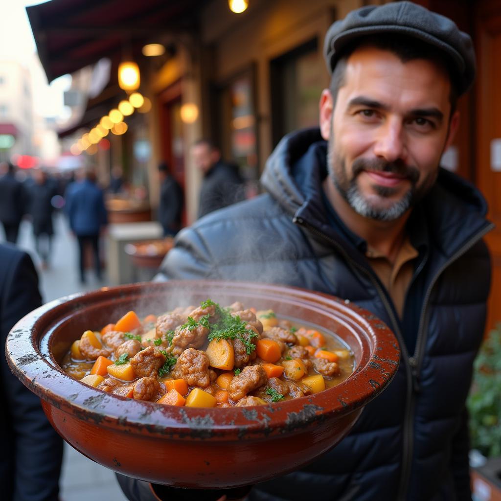 A steaming Moroccan tagine prepared by a basar vendor