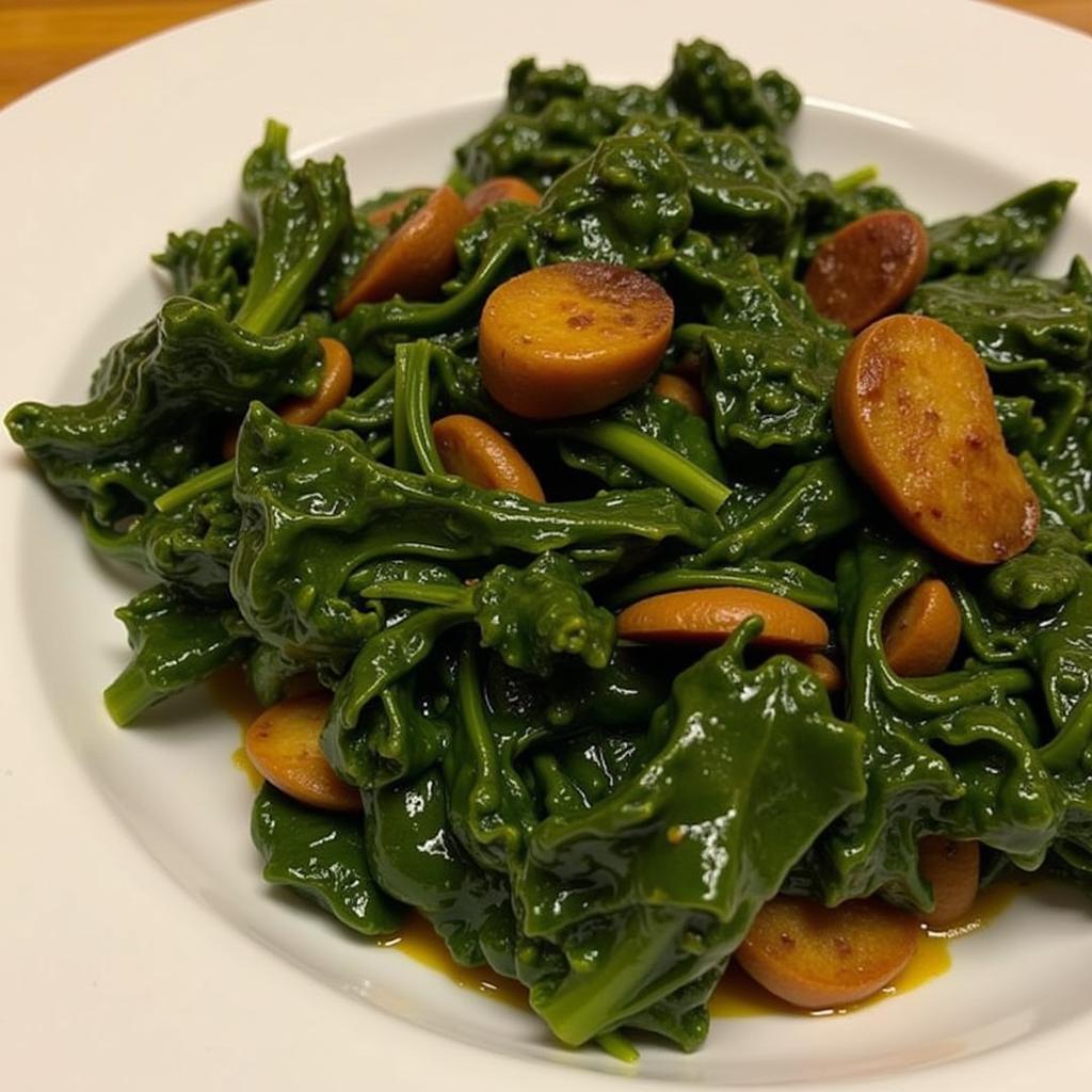 A steaming bowl of collard greens, cooked with smoked meat.