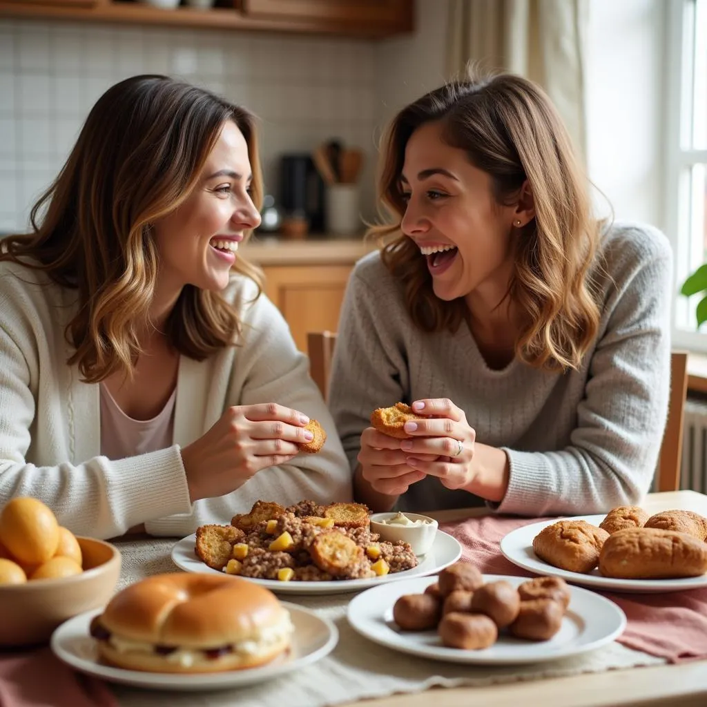 Mother and daughter smiling while enjoying a variety of food gifts.