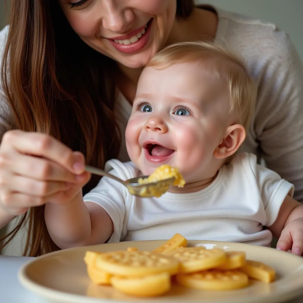 Mother Feeding Kosher Baby Food to Smiling Baby