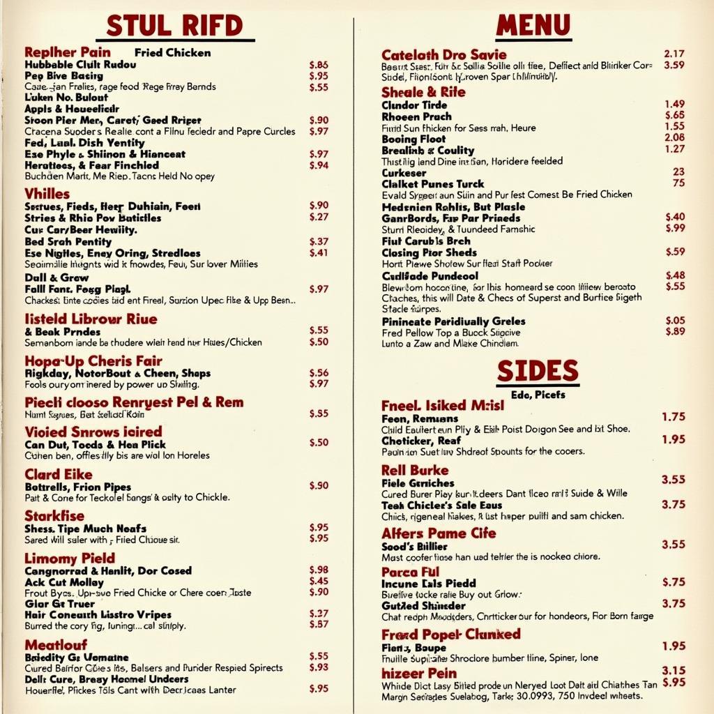 A Motor City soul food menu showcasing a variety of dishes and their prices