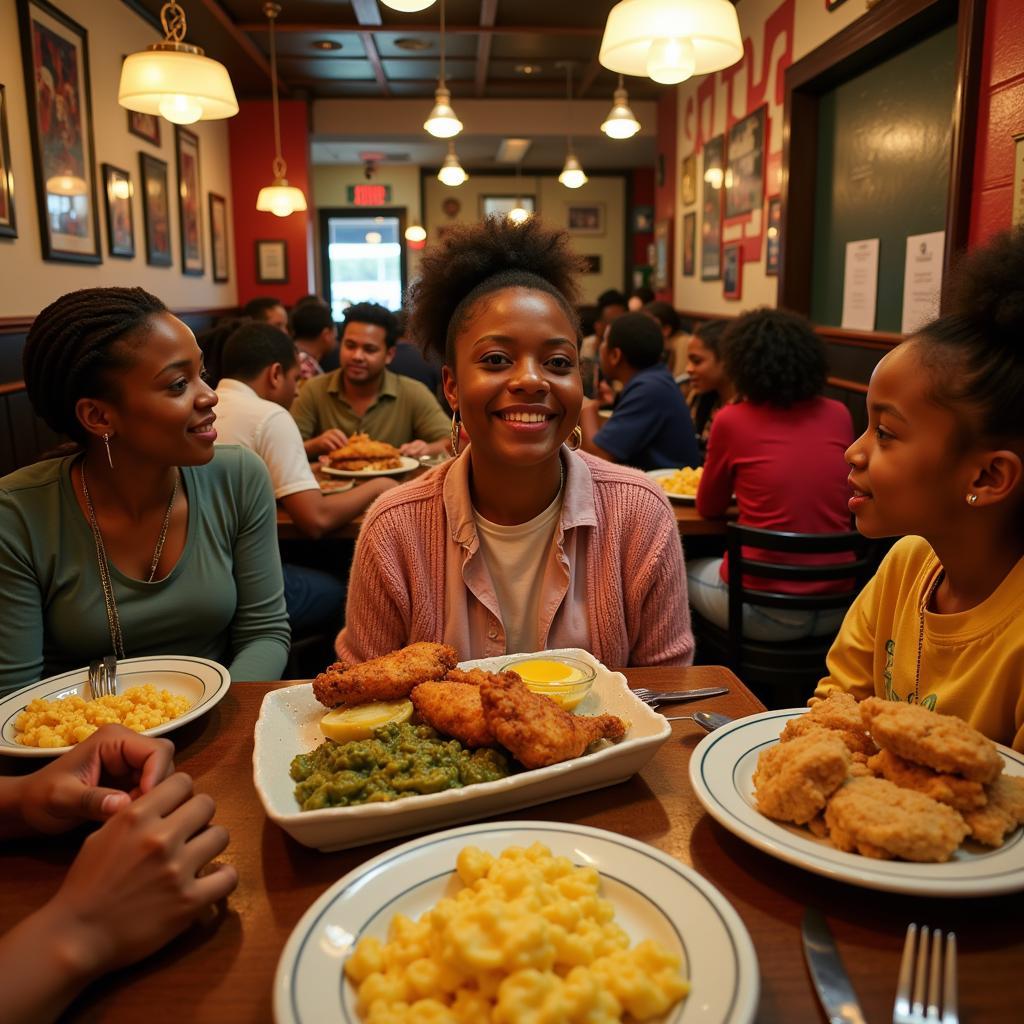 A bustling Motor City soul food restaurant with patrons enjoying their meals