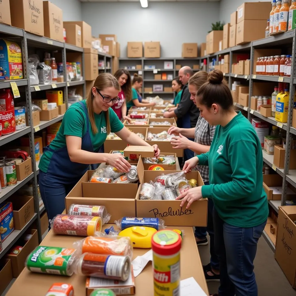 Volunteers sorting and packing food donations at Mount Zion Food Pantry