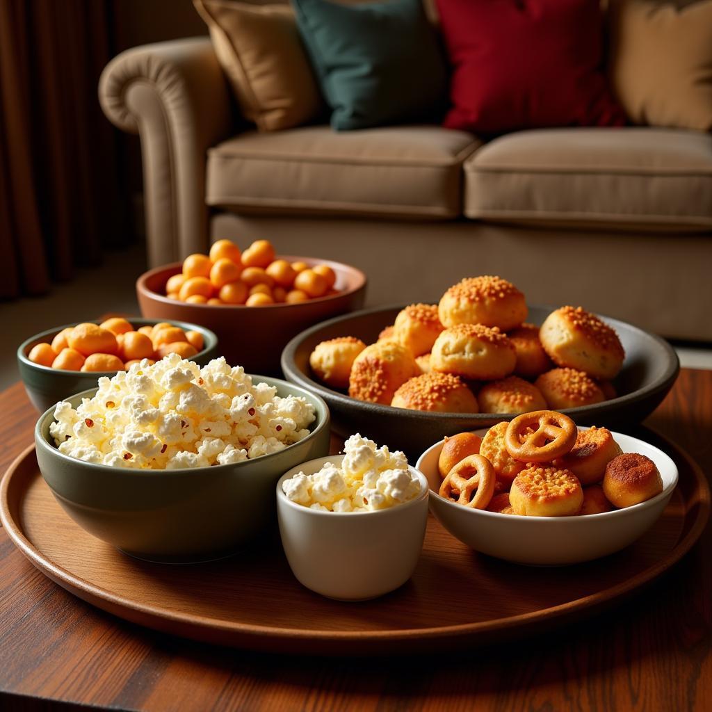 A Cozy Movie Night Setting with Bowls of Munchable Snacks 